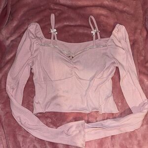 SHEIN Pink Long Sleeve Crop Top with Bow Details